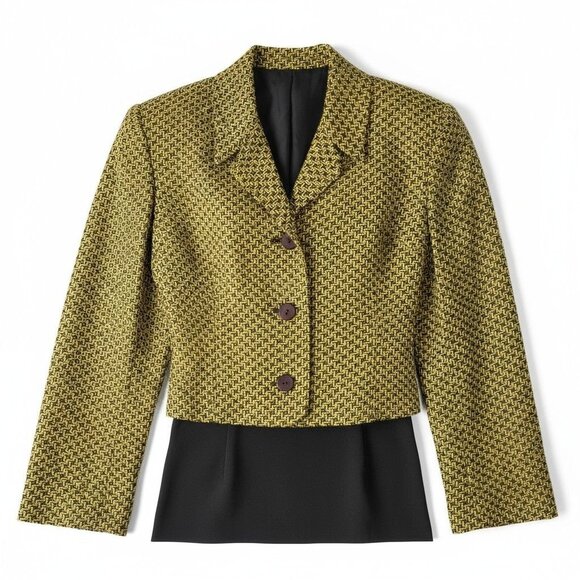 Ann May Womens Cropped Blazer Jacket Woven Silk Yellow & Black Patterned-SZ10 - Picture 4 of 8